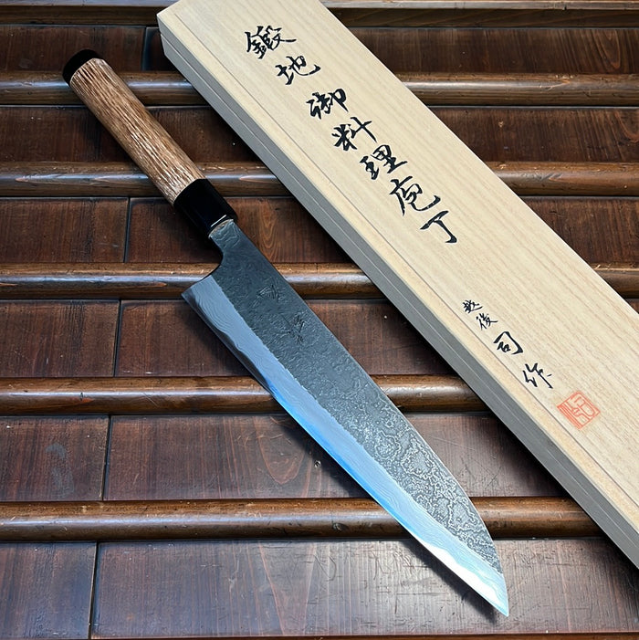 Tsukasa Hinoura 240mm Gyuto Shirogami Warikomi Kitaeji Suminagashi Double Horn Enju