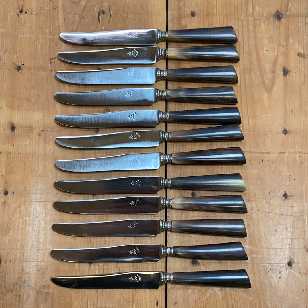 ‘122 Garanti’ French Sm Table Knife Set of 12 Carbon Steel Horn W/ Box