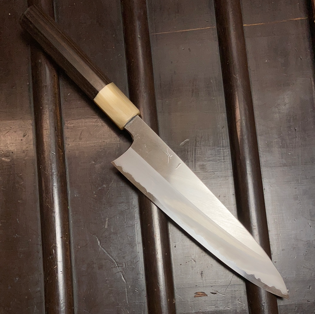 Hitohira Togashi 210mm Gyuto Stainless Clad Shirogami 1 Taihei Macasser Ebony & Horn