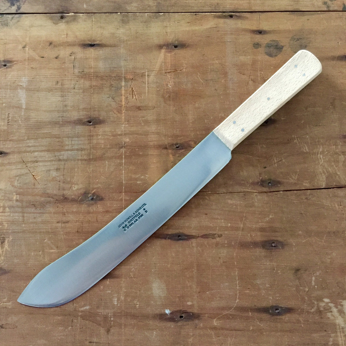 John Nowill 19th Century Pattern 10" Bullnose Butcher Knife Carbon Steel Beechwood Handle
